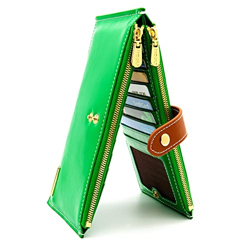 ANDOILT Women's Genuine Leather Wallet RFID Blocking Credit Card Holder Zipper Purse Cell Phone Handbag One Size Light Green