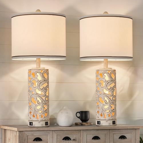 AIDENOEY Set of 2 Table Lamps with Night Light, 28" Farmhouse Table Lamp with USB A+C Ports,White Ceramic Bedside Lamp with Fabric Shade for Living Ro