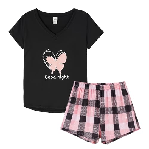 VENTELAN Pajama Set For Women Cute PJS Summer Short Sleeve Shorts Sleepwear X-Small Butterfly-black