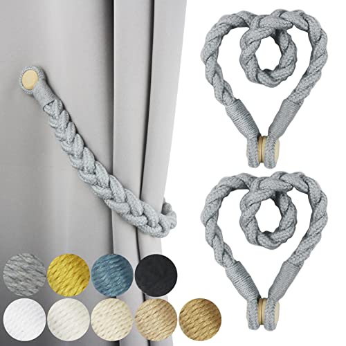 2 Pack Grey Magnetic Soft Curtain Tiebacks Cotton Hand-Woven Tieback Holdback Home Decorative Tie Backs with Wooden Buckle for Home Office Decor Grey