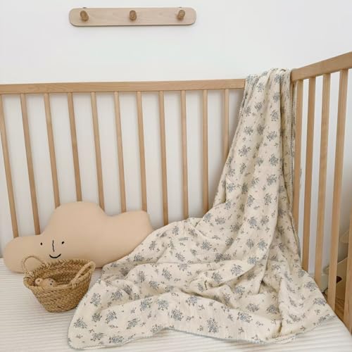 BuLuTu Blue Floral 100% Cotton Muslin Blanket Soft Lightweight Toddler Bed-Crib Quilt Shabby Chic Flower Theme Swaddle Blanket for Girls Boys Bedding