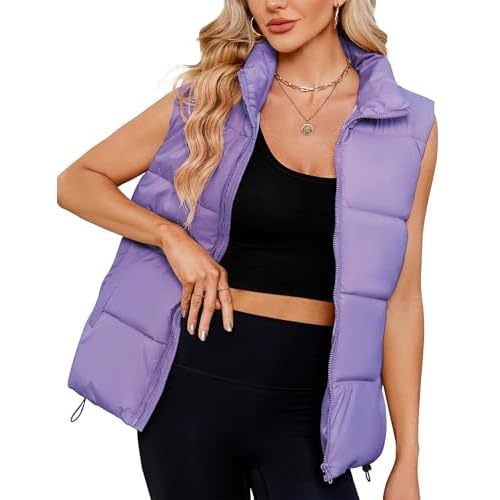 Women Quilted Puffer Vest Sleeveless Jacket Zip Up Stand collar Lightweight Outerwear with Pocket 2025 Trendy Plain Purple Small