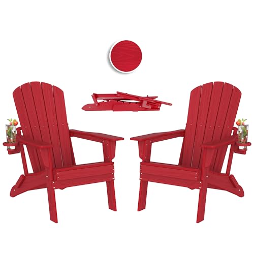 Folding Adirondack Chair Set of 2,Cup Holder,Wooden Textured,Heavy All-Weather HDPE Outdoor Chairs, Poolside Backyard Lawn,Red Red Folding Cupholder s
