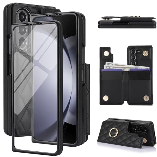 for Samsung Galaxy Z Fold 5 Wallet Case with Ring, 4 Card Slots & Cash Clip - Magnetic Clasp Closure, Front Tempered Glass Screen Protector & Reinforc