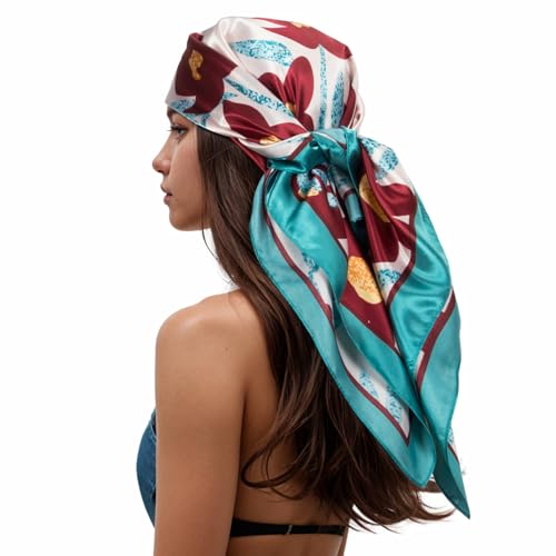 RIIQIICHY Head Scarf for Women Like Silk Scarf Hair Scarf Printed Square Scarf Bandanas for Women 35 Inches Turquoise-Wine Red-Gold