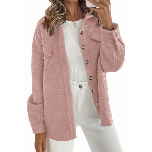 Women's Casual Shacket Jacket, Long Sleeve Loose Oversized Button Down Coat for Fall Winter Office Daily Outerwear Darkpink X-Large