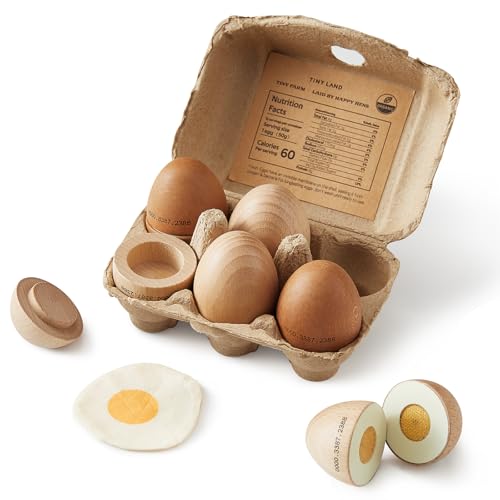 Tiny Land Wooden Egg Toy Set for Kids – 6-Piece Pretend Play Food with Cutting Eggs, Fried Egg & Realistic Carton – Montessori Kitchen Toys for To