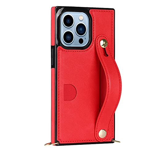 for iPhone 14 with Wrist Strap and Lanyard, Card Holder Phone case with Multi-Functional Stand and Scratch-Resistant, Anti-Drop Protection.（Red） R