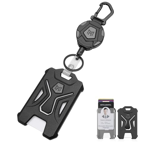 MNGARISTA Retractable Badge Holder, Heavy Duty Carabiner Keychain, Tactical ID Card Holder with 31.5" Retractable Badge Reel, Black