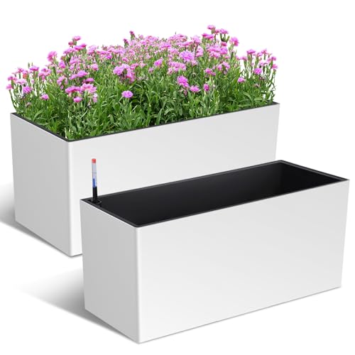 Garvee 31" Outdoor Planters Set of 2, Tall Planters for Outdoor Plants, Self Watering Planter Box with Water Level Monitoring & Wheels & Water Outlet,
