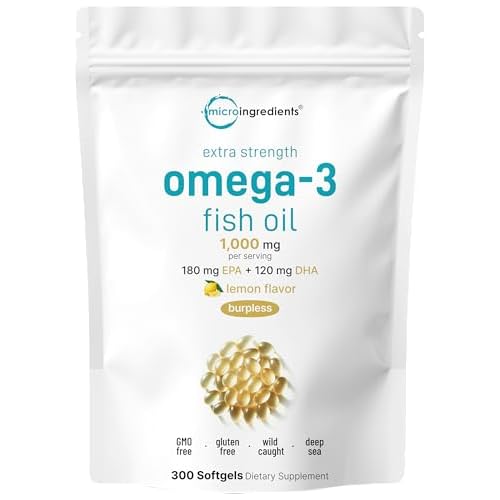 Micro Ingredients Extra Strength Omega 3 Fish Oil Supplements 1,000mg Per Serving, 300 Softgels | Lemon Flavored | Burpless | EPA 180mg + DHA 120mg |