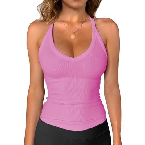 iGENJUN Womens Spaghetti Strap V-Neck Ribbed Tank Tops for Women 2025 Slim Fitted Soft Camisole Basic Layering Shirts Small Pink