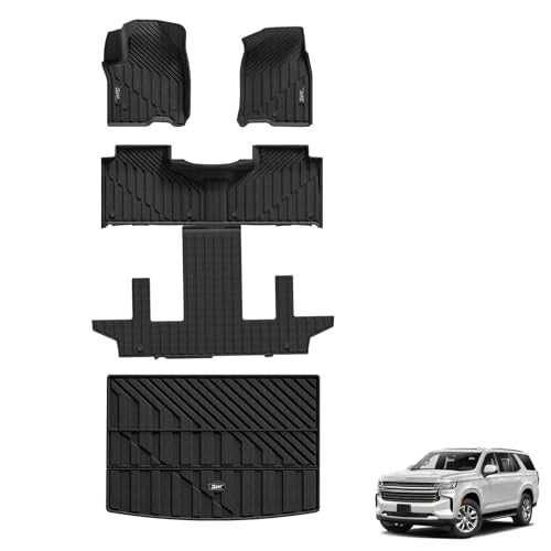 3W Floor Mats & Cargo Liner Fit for 2021-2024 2025 Chevy Suburban-GMC Yukon XL-Escalade ESV 7 Seat, TPE All Weather Custom Fit Car Accessories Full Se