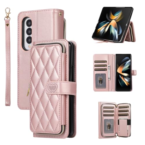 for Samsung Galaxy Z Fold 4 Zipper Wallet Case with Card Holder, 9 Card Slots Large Capacity and Multiple Style Lanyards.(Rosegold) RoseGold Samsung G