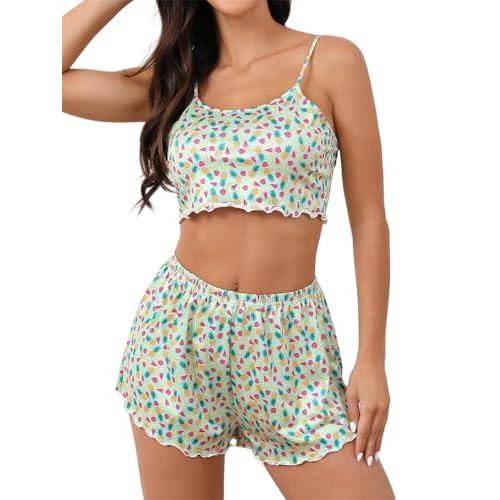 Morvia Women's Comfy Silky Cami Top and Shorts Pajama Set, Allover Print Moon Star Fruit Pattern Lingerie Set Medium Multicolor