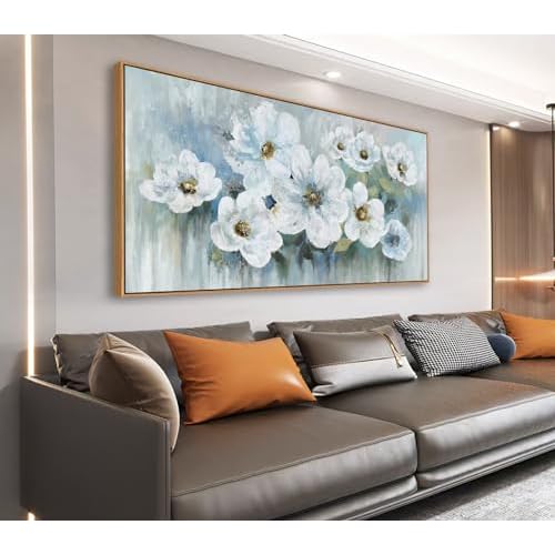 NINEASO Flowers Framed Canvas Wall Art - Rustic White Flowers Pictures Abstract Floral Wall Decor Vintage Botanical Painting Blossom Print Artwork for