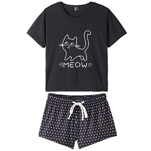 VENTELAN Pajama Set For Women Cute PJS Summer Short Sleeve Shorts Sleepwear X-Small Black