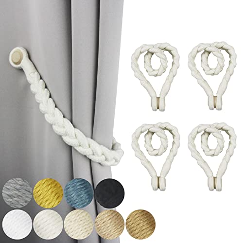 4 Pack Magnetic Soft Curtain Tiebacks Cotton Hand-Woven Tieback Holdback Home Decorative Tie Backs with Wooden Buckle for Home Office Decor (Cream, 4)