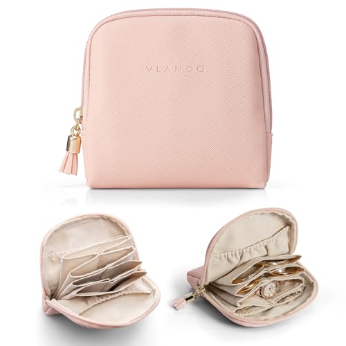 Vlando Travel Jewellery Organiser, Jewellery Pouch with Zipper, Velvet Lining Jewellery Bags for Rings, Bracelets & Necklaces,Pink-Toothpick Grain B.p