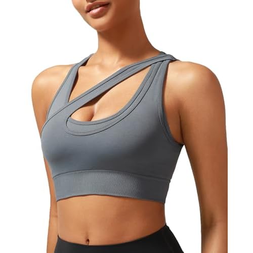 RUNNING GIRL Sports Bras for Women High Support,Seamless Ribbed Longline High Neck Sports Bra Racerback Padded Crop Top Yoga Small B-grey