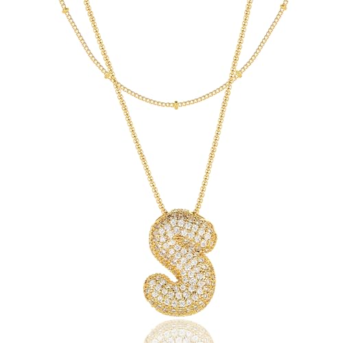 Bubble Letter Necklace Gold for Women，Layered Plated Initial Pendant Puffy Zircon Name Personalized Necklaces Fashion Jewelry for Gifts Letter S
