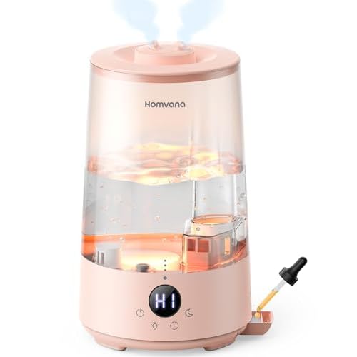 Homvana Humidifiers for Bedroom 1.5 L Top-Fill Cool Mist Humidifier for Baby Nursery Plants Kids Home, 3-in-1 Diffuser with Night Light, Auto Mode, Es