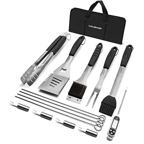 HAUSHOF Large Grilling Accessories, BBQ Grill Set, Heavy Duty Stainless Steel Barbecue Utensils with 16-1-2" Spatula, Brush, Fork, Tongs, Skewers, The