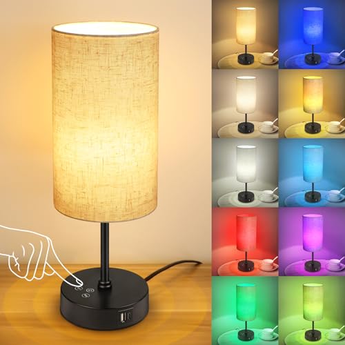 Unicozin Table Lamp, 3 CCT 3000K-4500K-6500K & RGB Color Changing, Stepless Dimmable Small Bedside Lamp for Reading, Ambience Nightstand Light for Hom