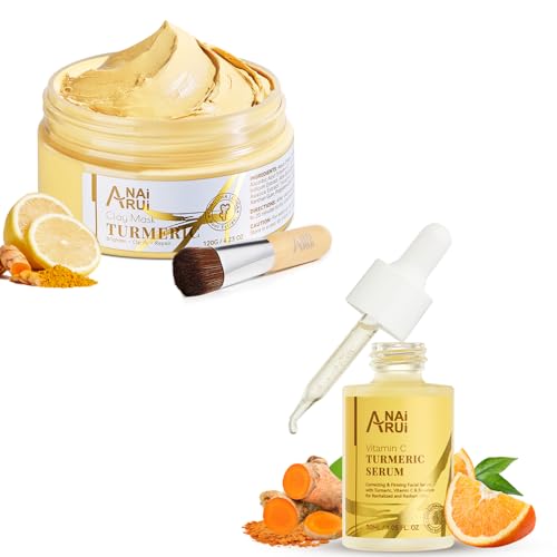 ANAI RUI Vitamin C Face Mask with Turmeric and Kaolin Clay & Turmeric Vitamin C Face Serum, Glowing Turmeric Facial Serum
