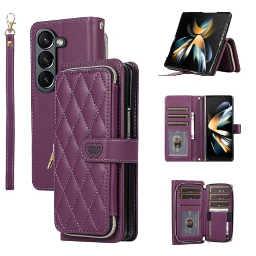 for Samsung Galaxy Z Fold 5 Zipper Wallet Case with Card Holder, 9 Card Slots Large Capacity and Multiple Style Lanyards.(Darkpurple) DarkPurple Samsu