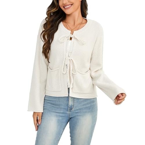 Bsubseach Cardigan Sweaters for Women Cropped Tie Front Bow Cardigan Fall Winter Long Sleeve Knit Sweater Coats with Pockets Beige Medium