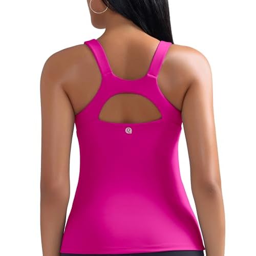 RUNNING GIRL Workout Tank Tops for Women Built in Shelf Bras Padded,Sleeveless Gym Tops Athletic Yoga Shirts Hot Pink Medium