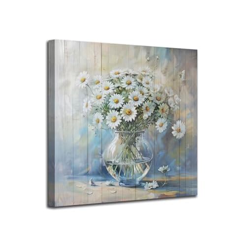 Ardemy Flower Canvas Wall Art Daisy Floral White Yellow Painting Modern Bloosm Picture Elegant Bloosom Artwork Framed for Bathroom Living Room Bedroom