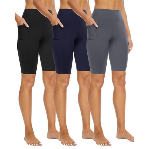 3 Pack Biker Shorts for Women – 8"-5"-3" High Waisted Tummy Control Workout Yoga Running Athletic Shorts Black-Dark Grey-Navy Blue Small-Medium 8 IN