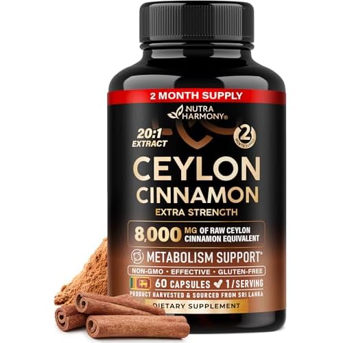 Ceylon Cinnamon Capsules - Extra Strength - Energy Heart & Metabolism Support for Men & Women - Pure Natural Cinnamon 20:1 Extract Supplement - GMO &