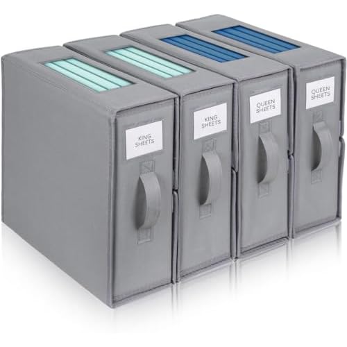 Bed Sheet Organizers and Storage 4 Pack, Foldable Sheets Organizer for Linen Closet, Bedding Storage Box for Bedsheets, Duvet Covers, Pillowcases