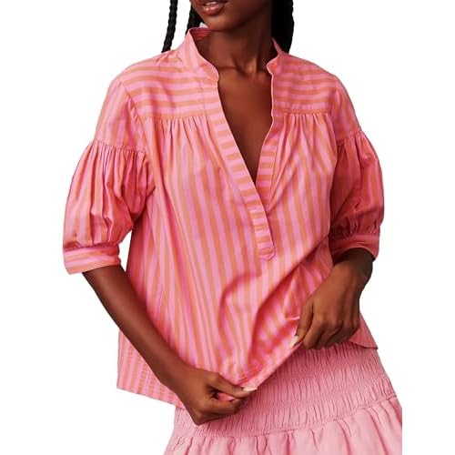 Women Puff Short Sleeve Blouse Trendy Striped V Neck Shirt Summer Business Casual Outfit Cute Babydoll Boho Loose Tops Pink Small