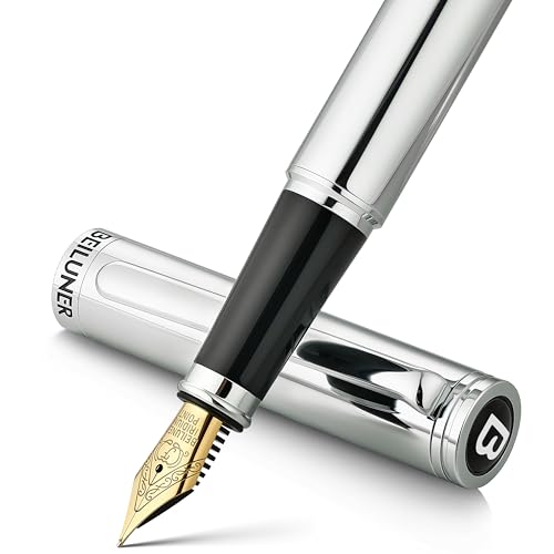 BEILUNER Silver Fountain Pen,Stunning Luxury Pens with Bright Silver Chrome, Gorgeous 24K Gilded Nib(Fine),Gift Pen Set for Men&Women -Ink Converter-E