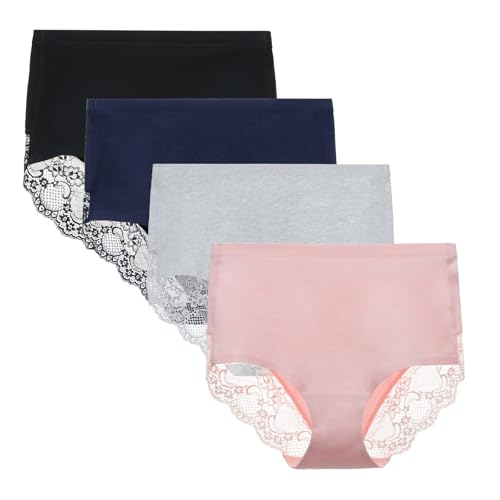 Women's Combed Cotton Lace Full Coverage High Rise Seamless Brief Panty Underwear 4 Pack Medium Black-Navy-Pink-Grey