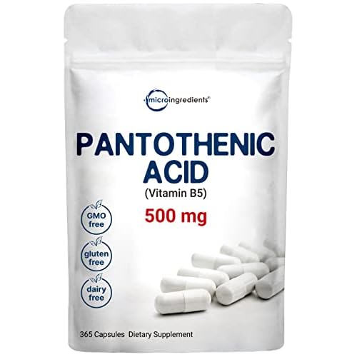 Micro Ingredients Pantothenic Acid Vitamin B5 Supplement, Vitamin B5 500mg Per Count, 365 Capsules (1 Year Supply), B-Complex Vitamin, Support Energy