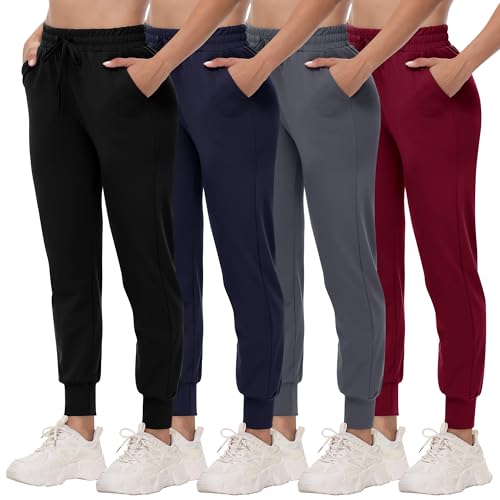 4 Pack Joggers for Women - Sweatpants with Pockets Lightweight Comfy Yoga Pants for Workout Travel Lounge 1#black-Navy Blue-Dark Grey-Wine XX-Large