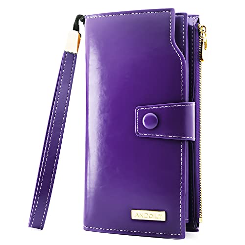 ANDOILT Women's RFID Blocking Large Capacity Luxury Wax Genuine Leather Clutch Wallet Card Holder Organizer Ladies Purse S1 purple
