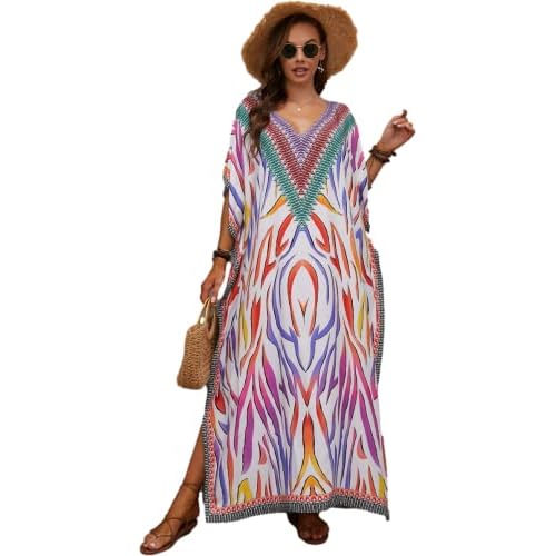 Swimsuit Cover Up Caftan Women's Vneck Flower Leopard Print Batwing Sleeve Side Split Kaftan Dresses B1