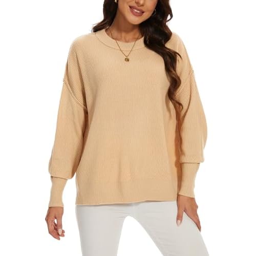 Women's Crewneck Long Sleeve Oversized Sweaters 2024 Fall Side Slit Ribbed Knit Pullover Sweater Tops Khaki XX-Large