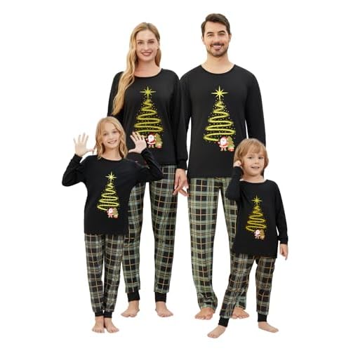 VENTELAN Family Matching Christmas Pajamas Set Holiday Santa Claus Sleepwear Xmas PJS Set for Couples and Kids Kids 3T Black-Plaid