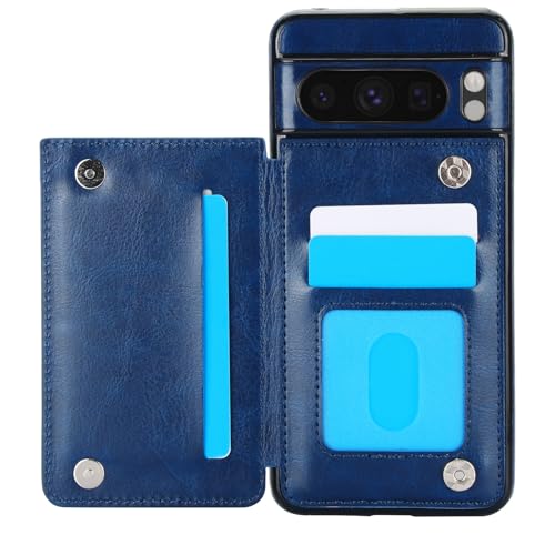 for Google Pixel 8 Pro Wallet Case with 3 Credit Card Holder,RFID Blocking,PU Leather Double Magnetic Clasp Kickstand Heavy Duty Protective Cover.(Blu