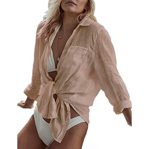 Bsubseach Women Long Sleeve Beach Shirt Blouses Bathing Suit Cover Up Button Down Collar Apricot