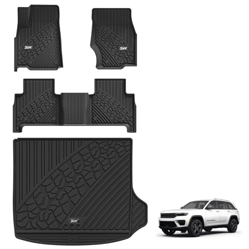 3W Floor Mats&Cargo Liner Compatible for Jeep Grand Cherokee 2022-2025 TPE All Weather Custom Fit Floor Liner 1st 2nd Rows and Trunk Mat Full Set Car