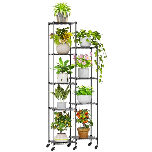 Abimars 74'' Tall Plant Stand with Wheels, Shelf Height Adjustable Metal Plant Shelf for 9 Potted Plants, DIY Assembly Indoor & Outdoor Plant Display
