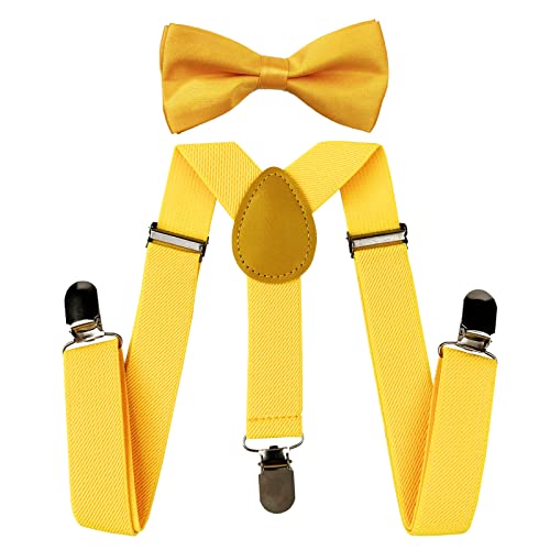 SEVENHEAD Child Kids Suspenders Bowtie Set Adjustable Elastic Y-Back Design with Strong Metal Clips for Boys and Girls Yellow